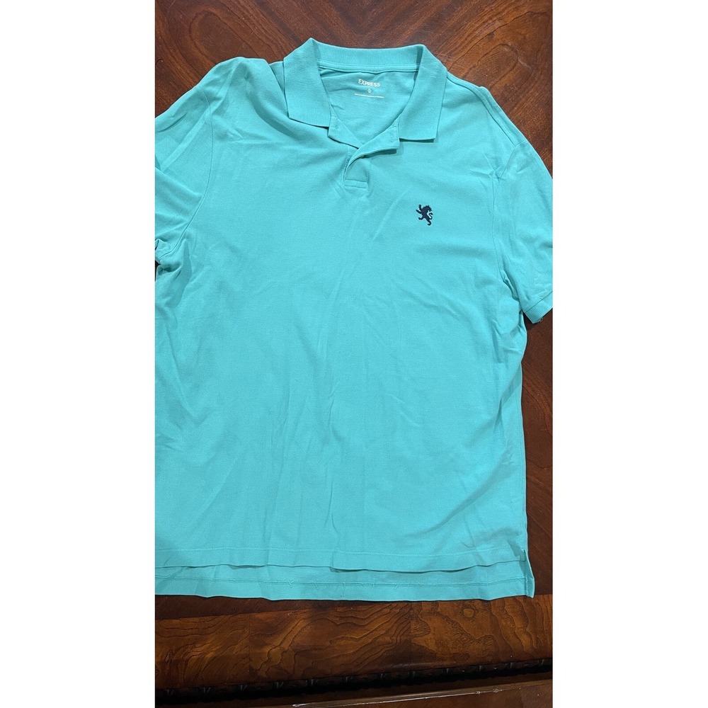 Express‎ Mens XL Turquoise Polo Shirt Short Sleeve Lion Logo Casual Golf Preppy
